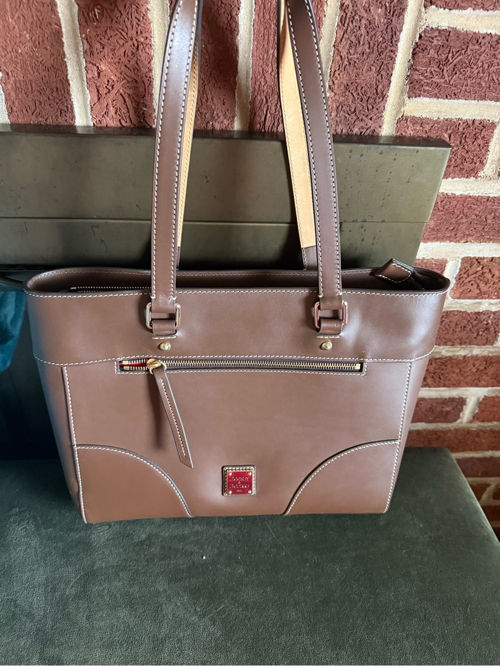 Dooney & Bourke Brown Leather Tote with Front Zip Pocket